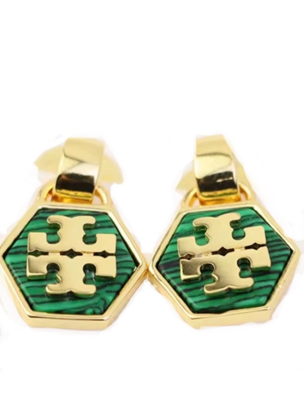 Tory Burch gold + semiprecious green kira logo drop earrings